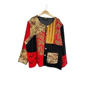 Vintage Alex Kin Patchwork Tapestry Jacket Coat Red Black Womens Plus Size 3XL